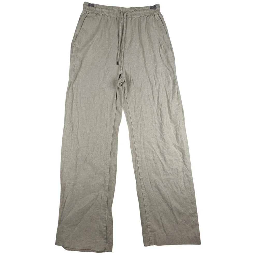 Zara Pants Women S Beige Linen Blend Wide Leg Drawstring Elastic Waist Casual